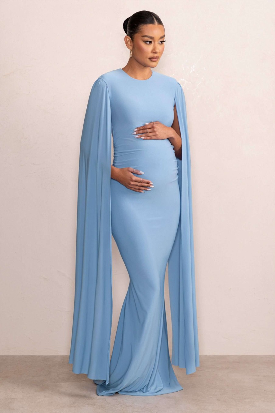 Maternity * | Briony | Powder Blue Maternity Maxi Dress With Cape Sleeves Club L London Gift Selection