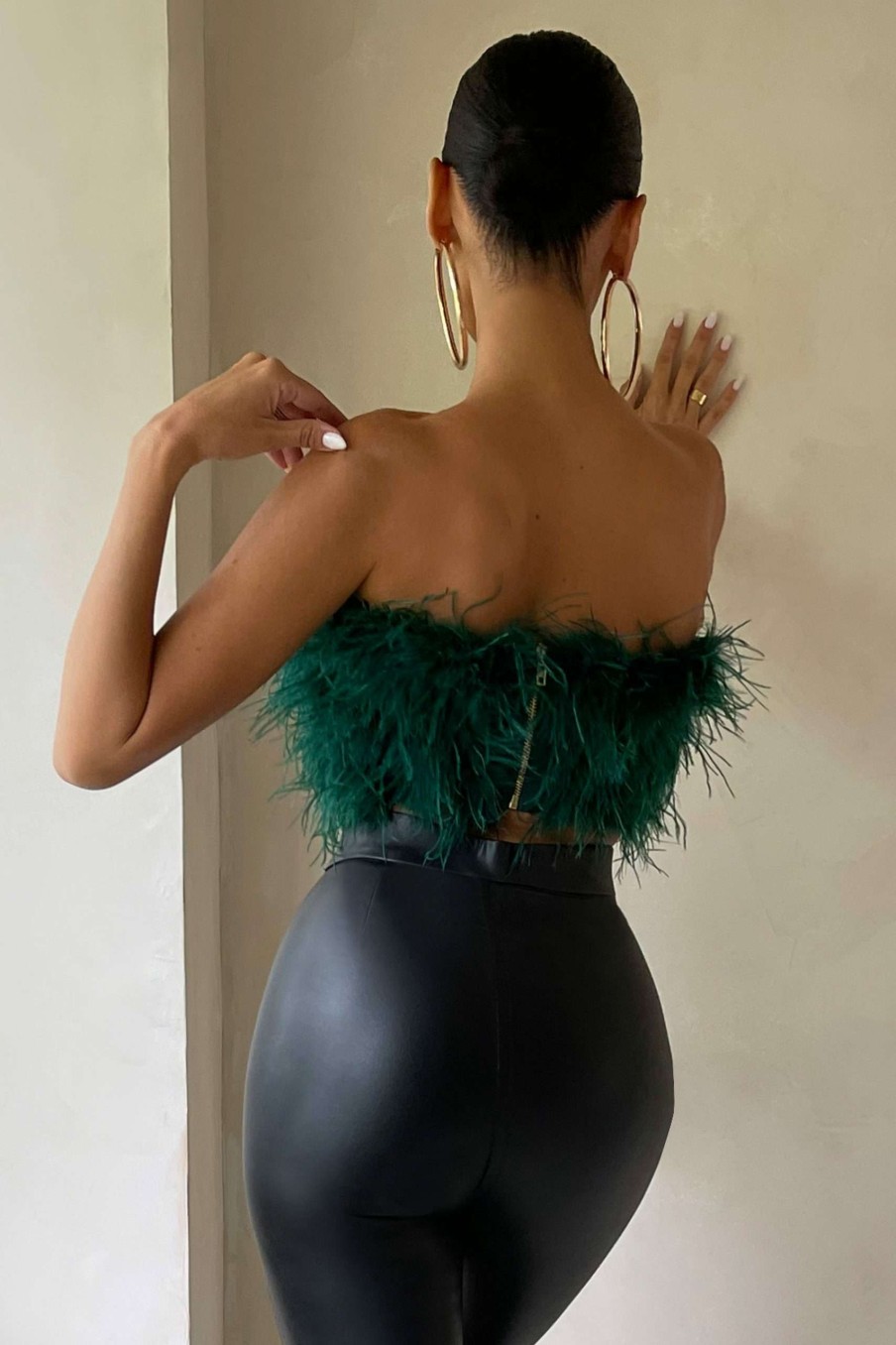 Clothing * | Dream Daze | Green Feather Bandeau Crop Top Club L London Top Sell