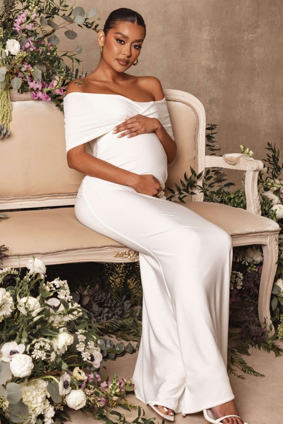 Maternity * | Amal | White Bardot Wrap Neckline Maternity Maxi Dress Club L London Cheap