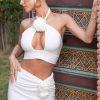 Clothing * | Good Girl | White Cut Out Halter Crop Top With Flower Club L London Hot Sell