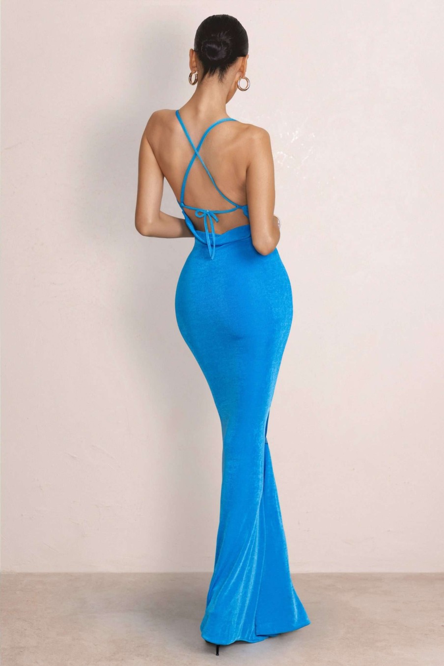 Dresses * | In My Feelings | Blue Cowl Neck Thigh Split Open Back Maxi Dress Club L London Exclusive