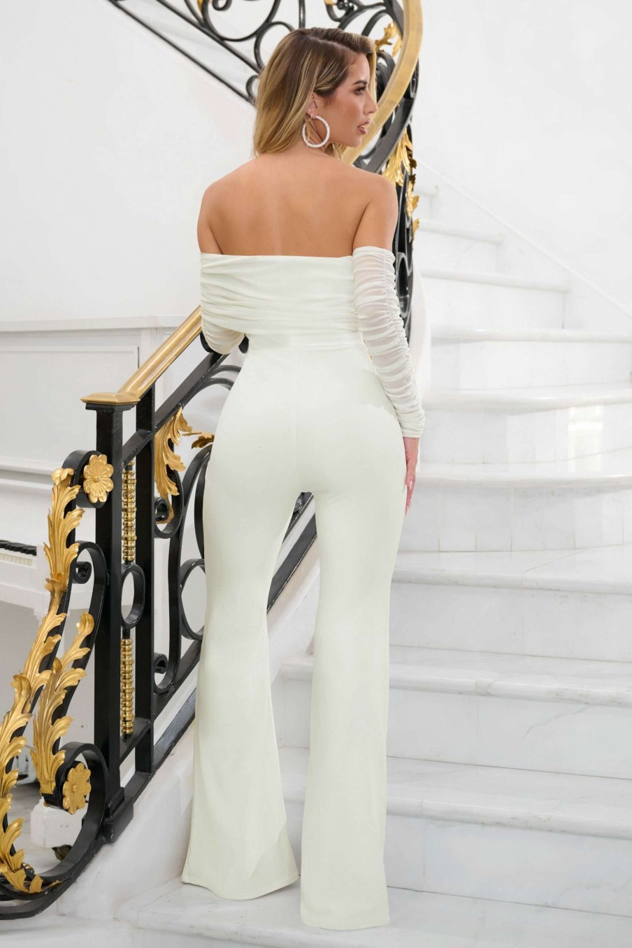 Clothing * | Soft Touch | White Mesh Bardot Jumpsuit Club L London Clearance Sale