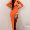 Clothing * | Athens | Orange Halter Neck Cut Out Maxi Dress With Thigh Split Club L London Online Sales