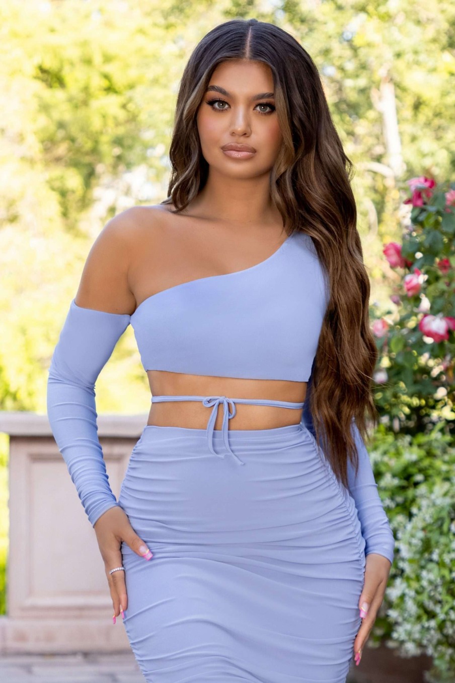 Clothing * | Figured Out | Blue Off The Shoulder Asymmetrical Crop Top Club L London Best Quality