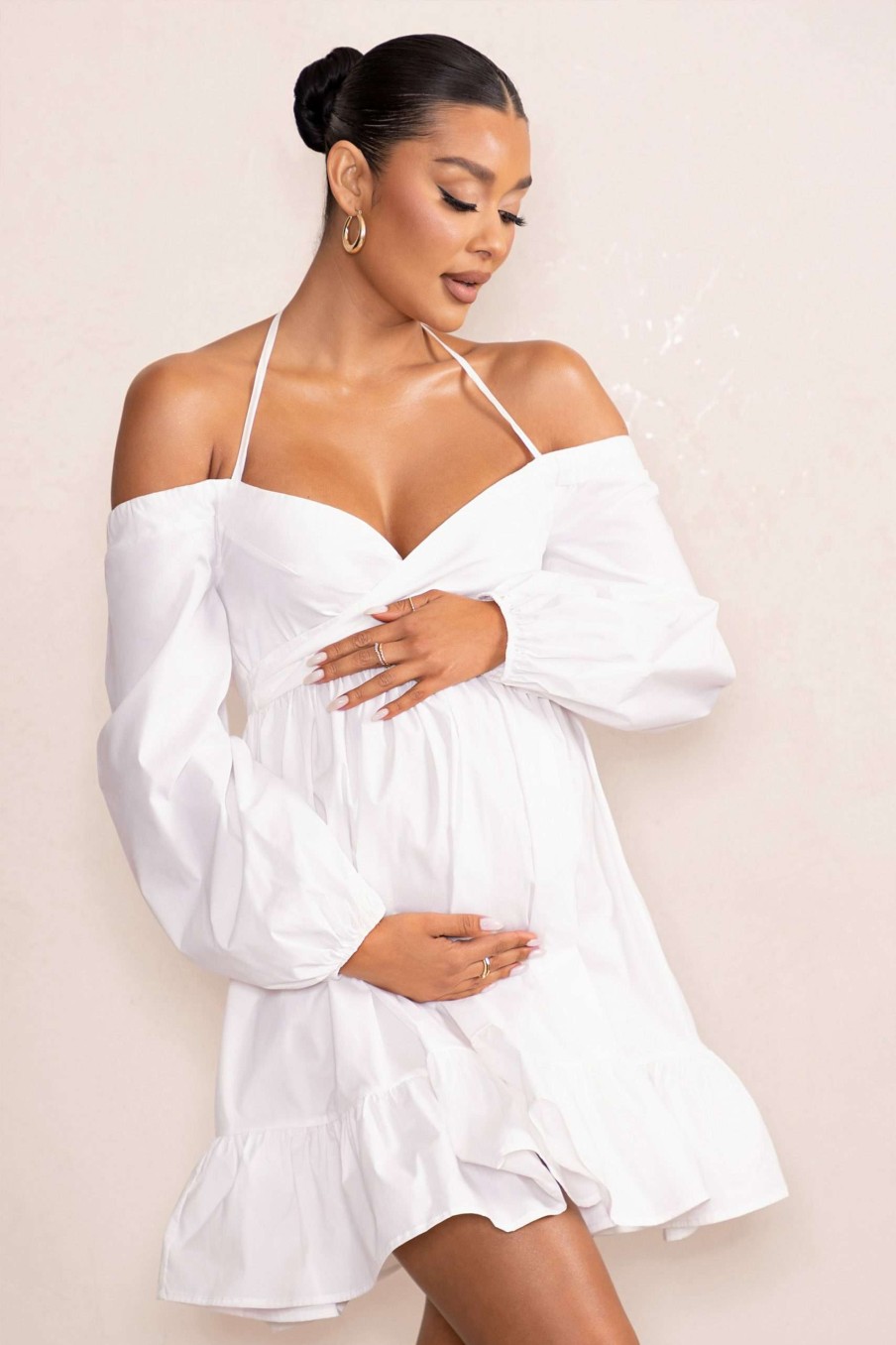 Maternity * | Kyra | White Babydoll Maternity Mini Dress With Long Cold Shoulder Puff Sleeves Club L London Original