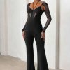 Clothing * | Crazy Love | Black Plunge Neck Mesh Sleeves Wide Leg Jumpsuit Club L London Top Sellers