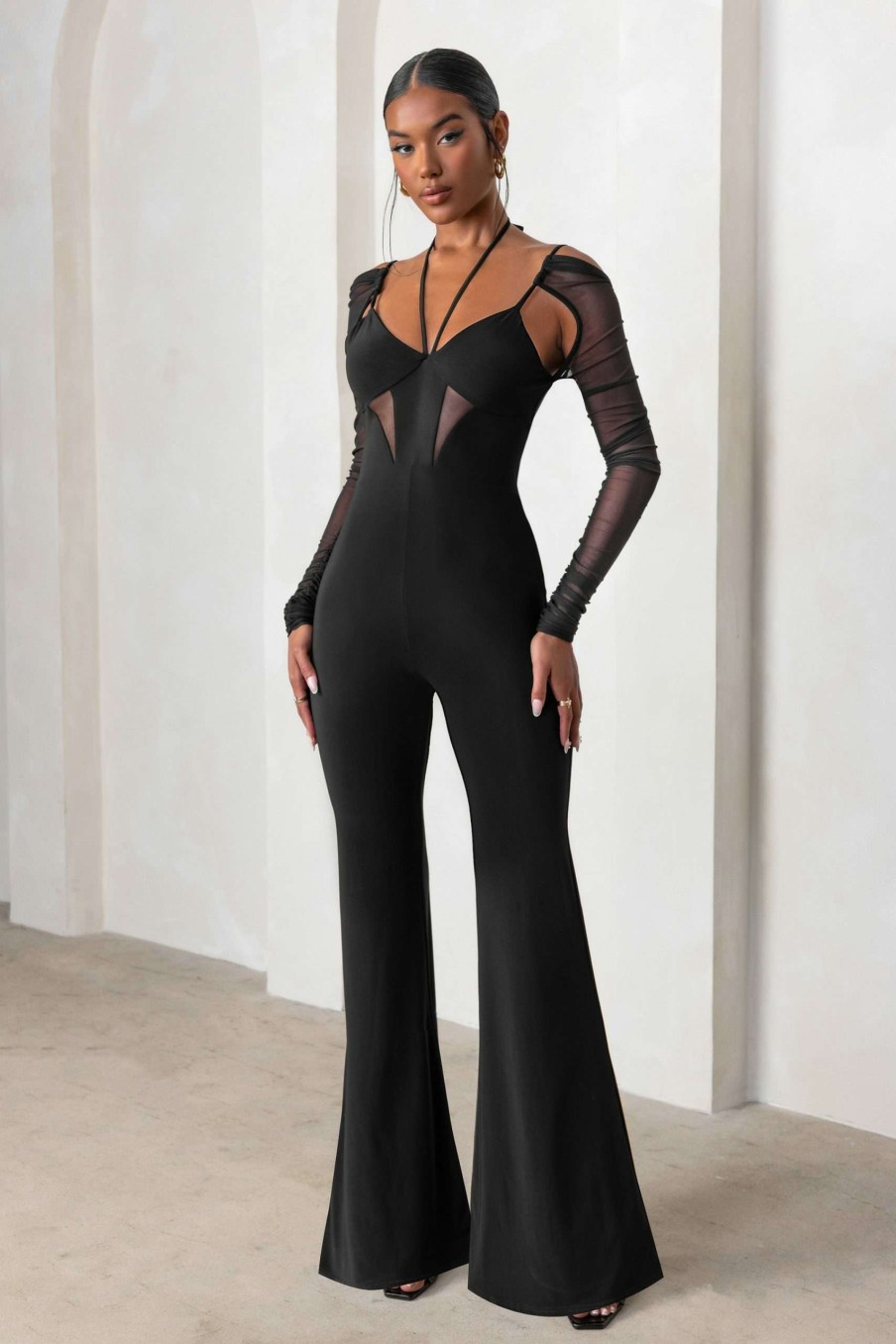 Clothing * | Crazy Love | Black Plunge Neck Mesh Sleeves Wide Leg Jumpsuit Club L London Top Sellers