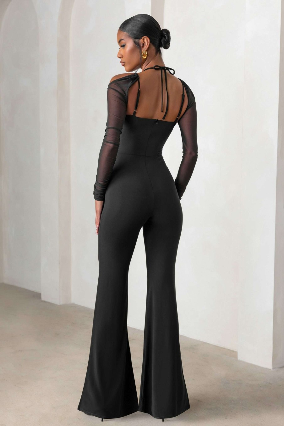 Clothing * | Crazy Love | Black Plunge Neck Mesh Sleeves Wide Leg Jumpsuit Club L London Top Sellers