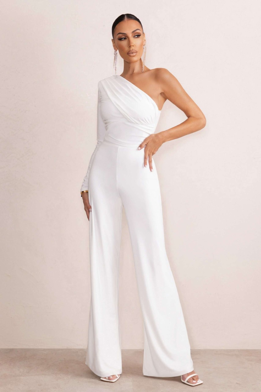 Clothing * | Mila | White One Shoulder Ruched Wide Leg Jumpsuit Club L London Attractive