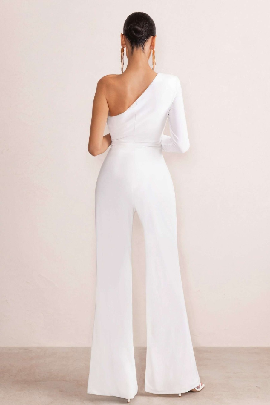 Clothing * | Mila | White One Shoulder Ruched Wide Leg Jumpsuit Club L London Attractive