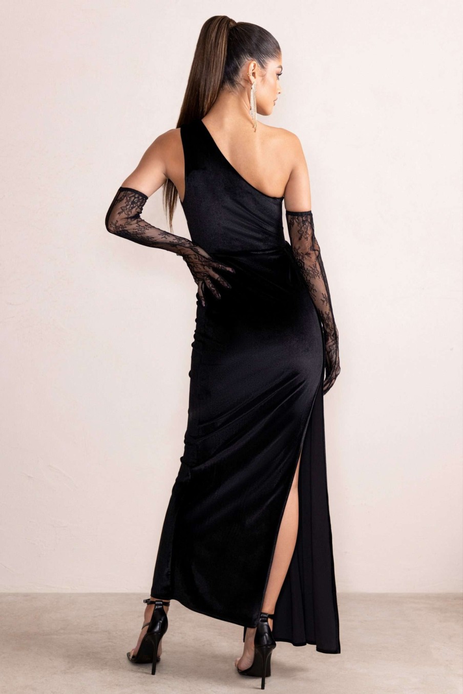 Dresses * | Lavish | Black Velvet One Shoulder Front Cut Out Maxi Dress With Drape Detail Club L London Top Sellers