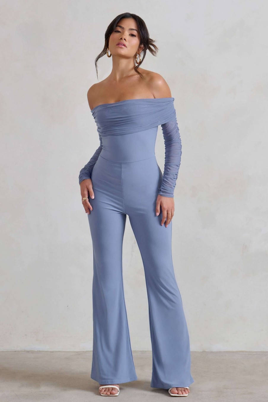 Clothing * | Whisper | Ice Blue Ruched Mesh Bardot Jumpsuit Club L London Exclusive Design