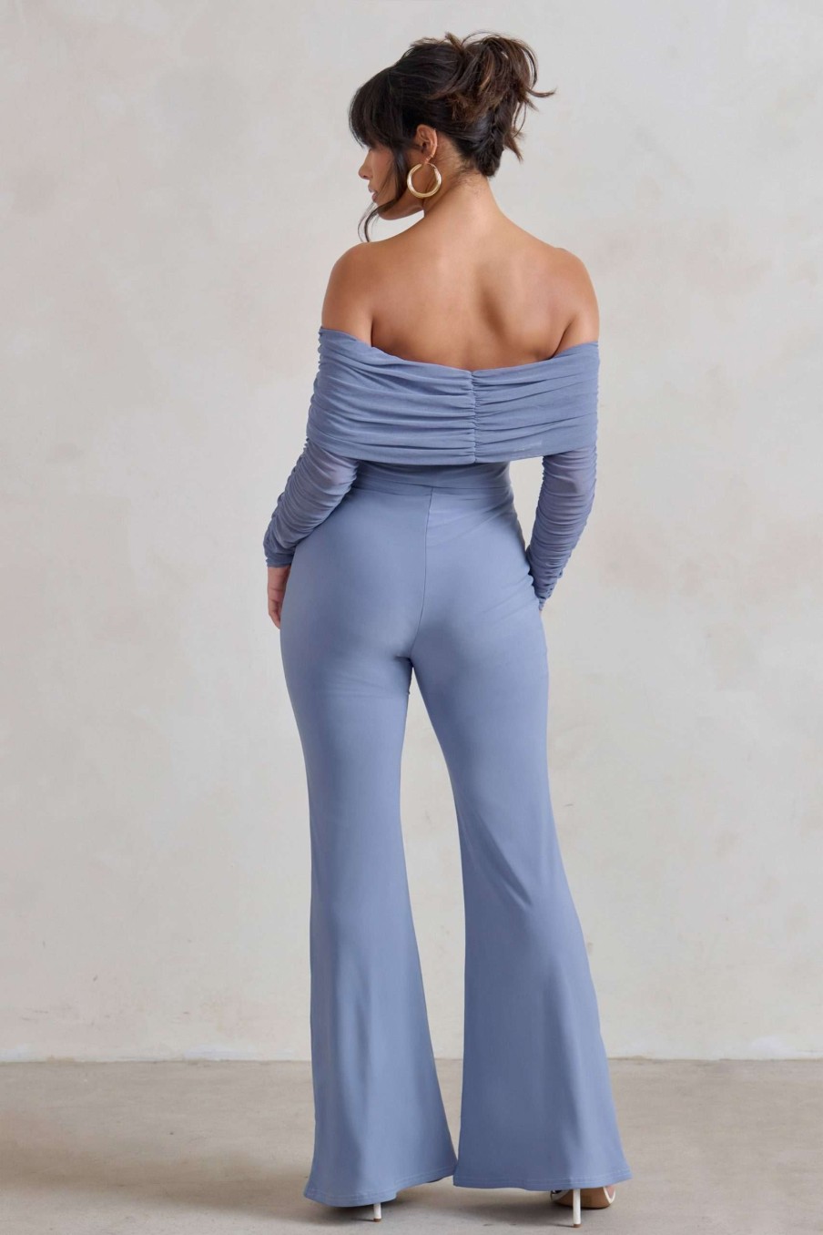 Clothing * | Whisper | Ice Blue Ruched Mesh Bardot Jumpsuit Club L London Exclusive Design