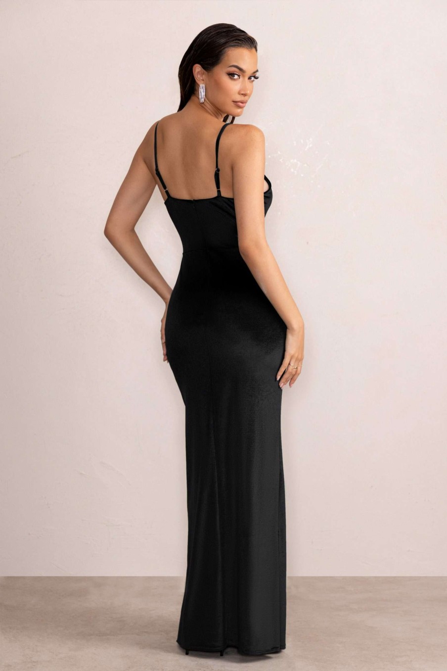 Dresses * | Miranda | Black Velvet Plunge Neck Twist Maxi Dress Club L London Hot Sell