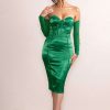 Dresses * | Zya | Emerald Green Satin Bardot Corset Bodice Midi Dress With Mesh Sleeves Club L London Excellent Quality