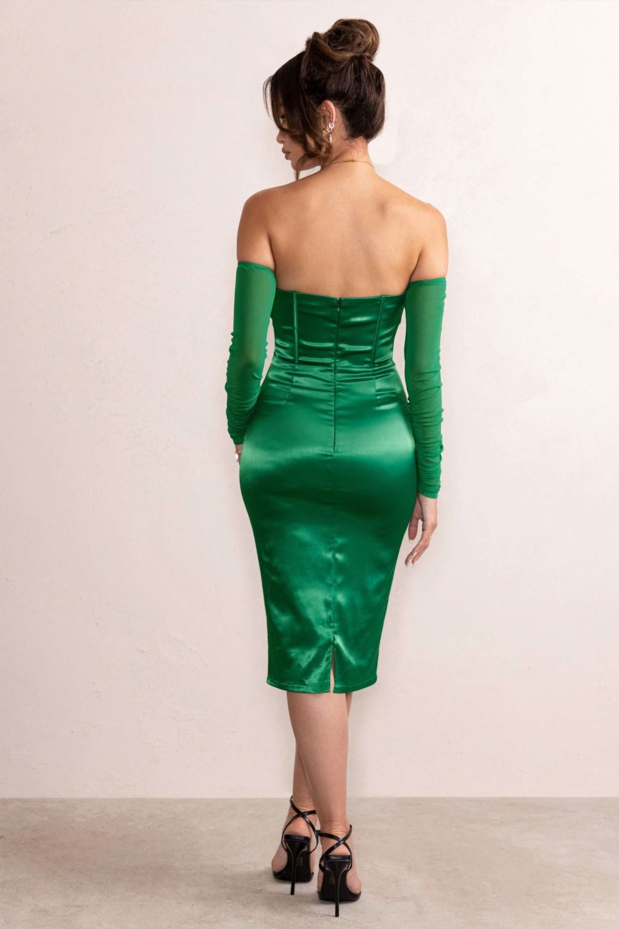 Dresses * | Zya | Emerald Green Satin Bardot Corset Bodice Midi Dress With Mesh Sleeves Club L London Excellent Quality