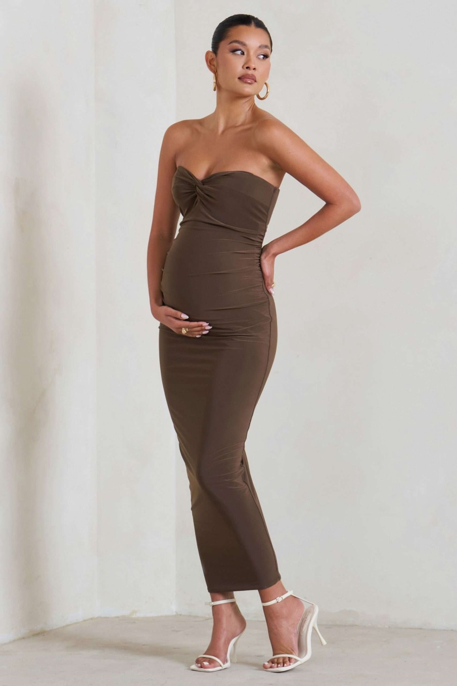 Maternity * | Evita | Brown Maternity Sweetheart Twist Detail Midi Dress Club L London Tendy Style