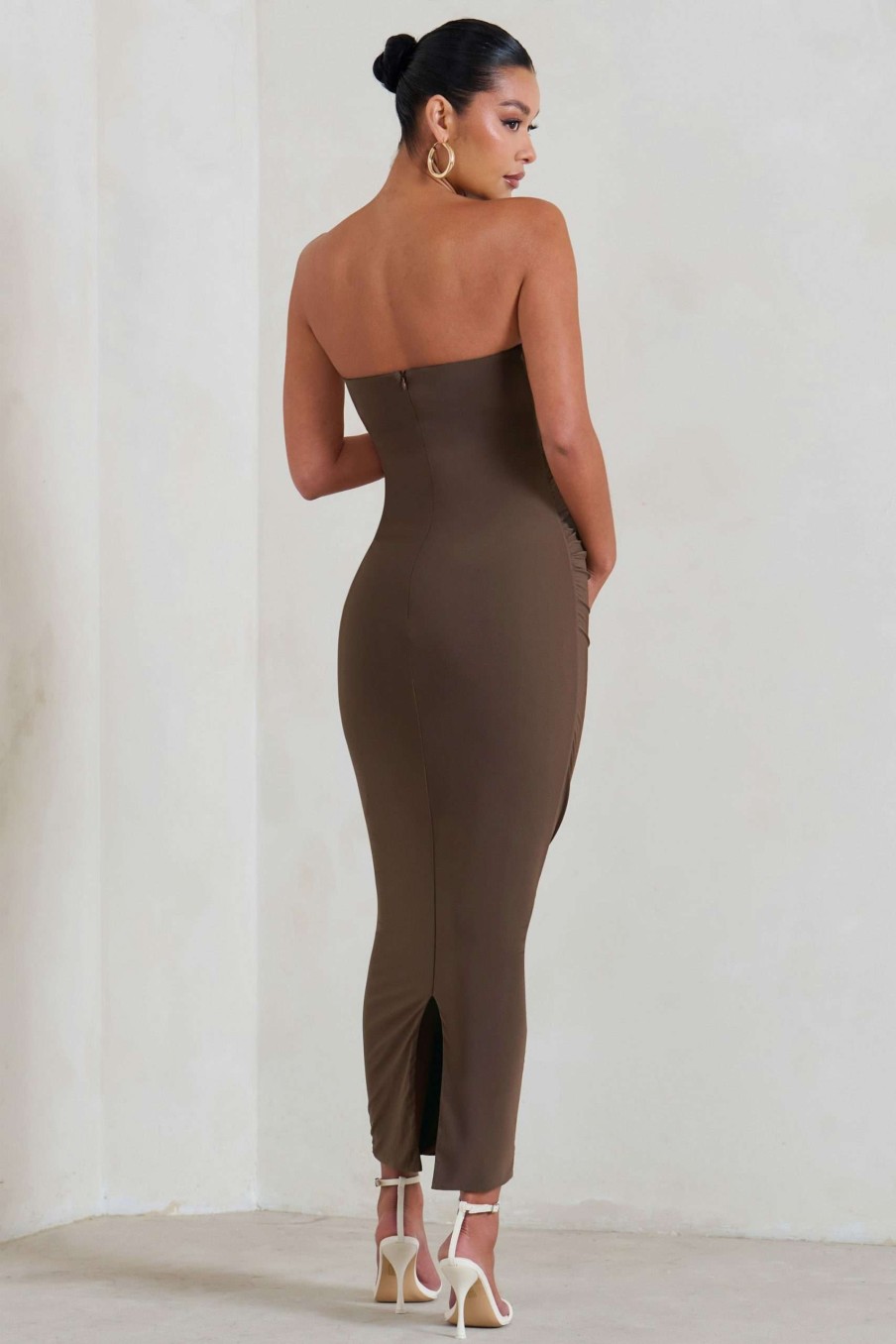 Maternity * | Evita | Brown Maternity Sweetheart Twist Detail Midi Dress Club L London Tendy Style