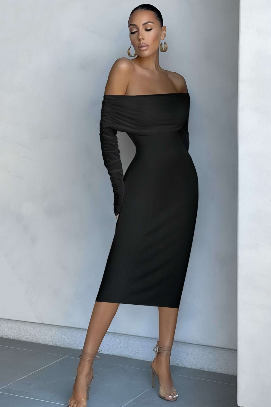 Dresses * | Hot Property | Black Ruched Mesh Bardot Midi Dress Club L London Top Sell