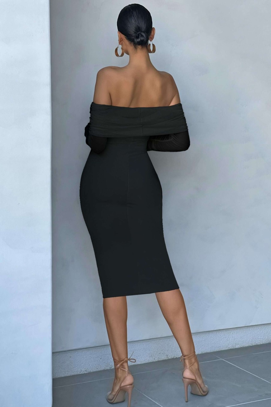 Dresses * | Hot Property | Black Ruched Mesh Bardot Midi Dress Club L London Top Sell