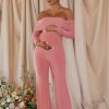 Maternity * | Count Down | Blush Pink Maternity Ruched Mesh Bardot Jumpsuit Club L London Quick Delivery