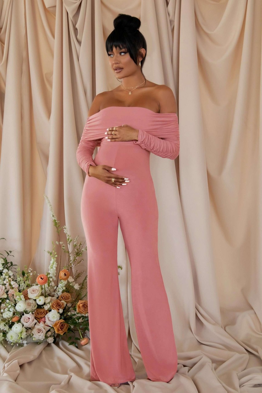 Maternity * | Count Down | Blush Pink Maternity Ruched Mesh Bardot Jumpsuit Club L London Quick Delivery