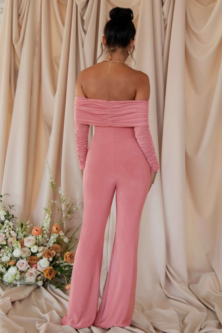 Maternity * | Count Down | Blush Pink Maternity Ruched Mesh Bardot Jumpsuit Club L London Quick Delivery