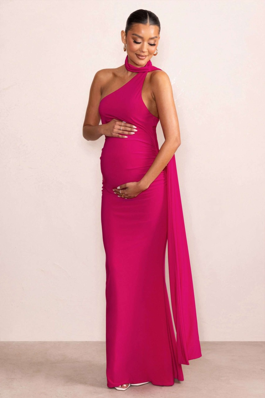 Maternity * | Alula | Hot Pink Maternity Asymmetric Maxi Dress With Cape Detailing Club L London Less Expensive