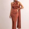 Dresses * | Mademoiselle | Rust Backless Satin Asymmetric Scarf Neck Maxi Dress Club L London Quick Delivery