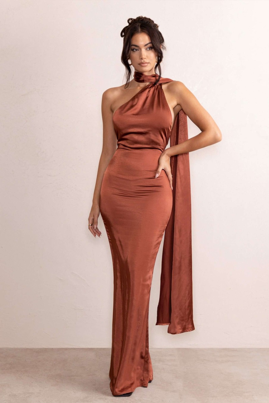 Dresses * | Mademoiselle | Rust Backless Satin Asymmetric Scarf Neck Maxi Dress Club L London Quick Delivery