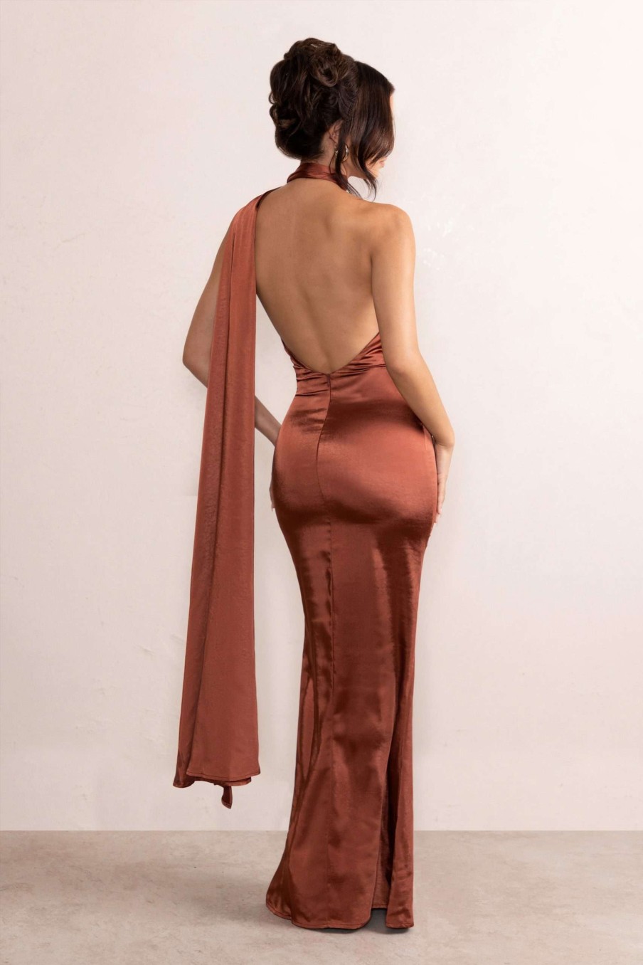 Dresses * | Mademoiselle | Rust Backless Satin Asymmetric Scarf Neck Maxi Dress Club L London Quick Delivery