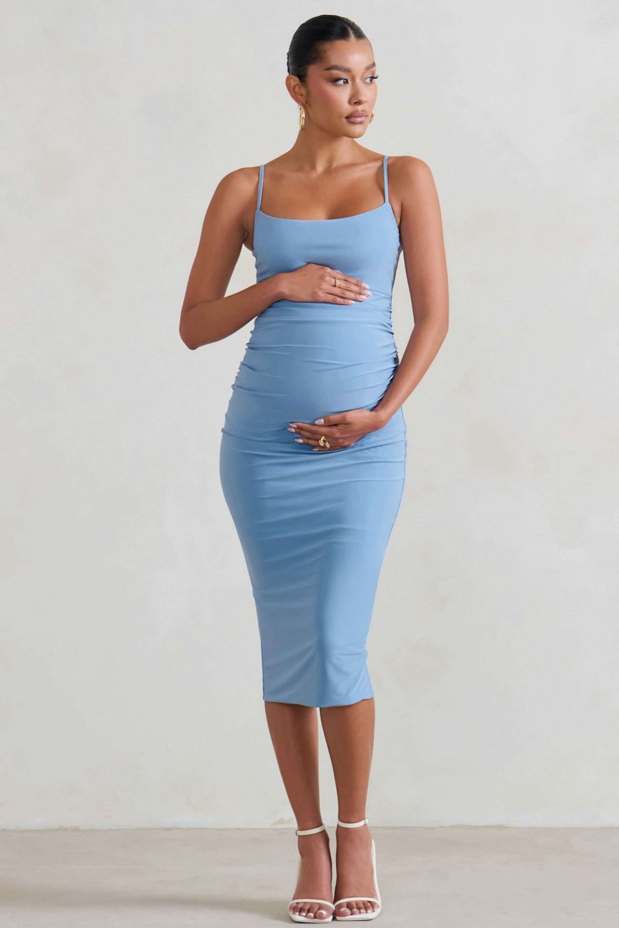 Maternity * | Raquel | Powder Blue Maternity Cami Midi Dress With Split Club L London Hot Selling