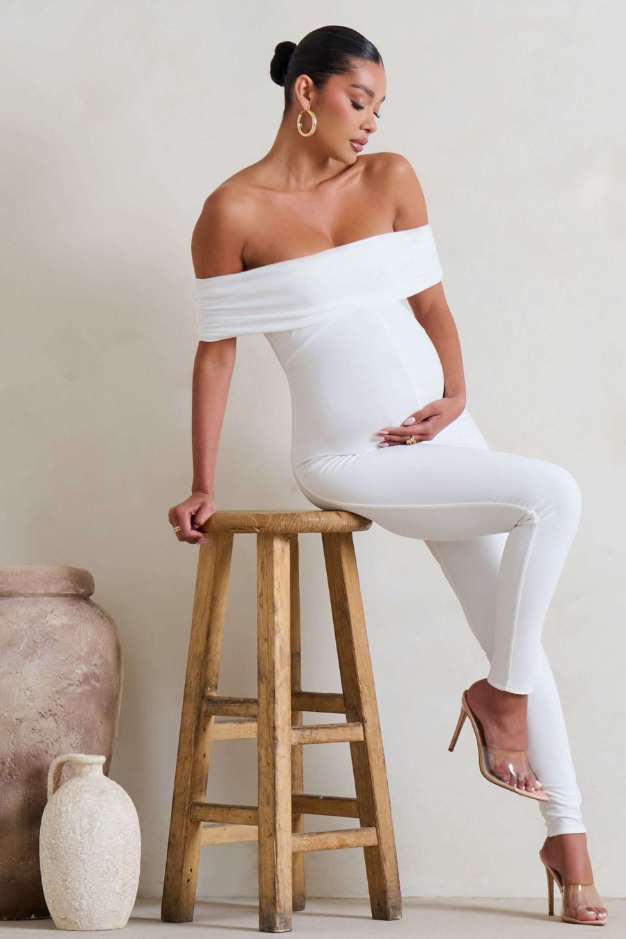 Maternity * | Carefully Crafted | White Maternity Bardot Fitted Jumpsuit Club L London Best Sellers