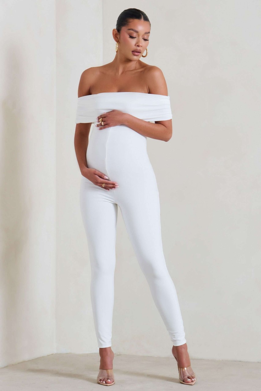 Maternity * | Carefully Crafted | White Maternity Bardot Fitted Jumpsuit Club L London Best Sellers