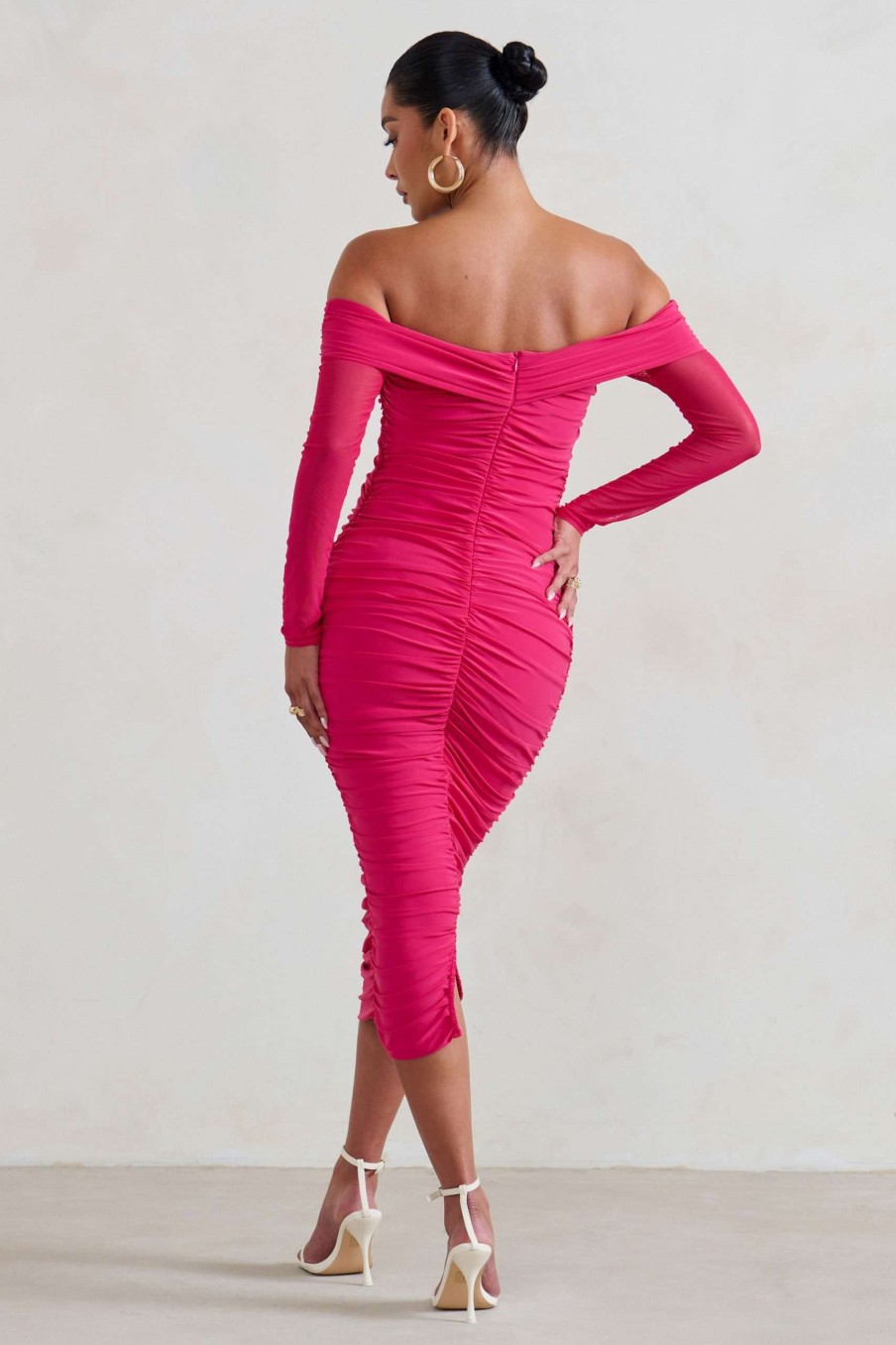 Maternity * | Neva | Hot Pink Bardot Twist Maternity Midi Dress Club L London Outlet Sale