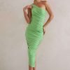 Dresses * | Dorit | Light Green One Shoulder Asymmetric Ruched Midi Dress Club L London Promotions