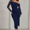 Dresses * | Treasured | Navy Asymmetric Mesh Long Sleeve Ruched Midi Dress Club L London New Threads