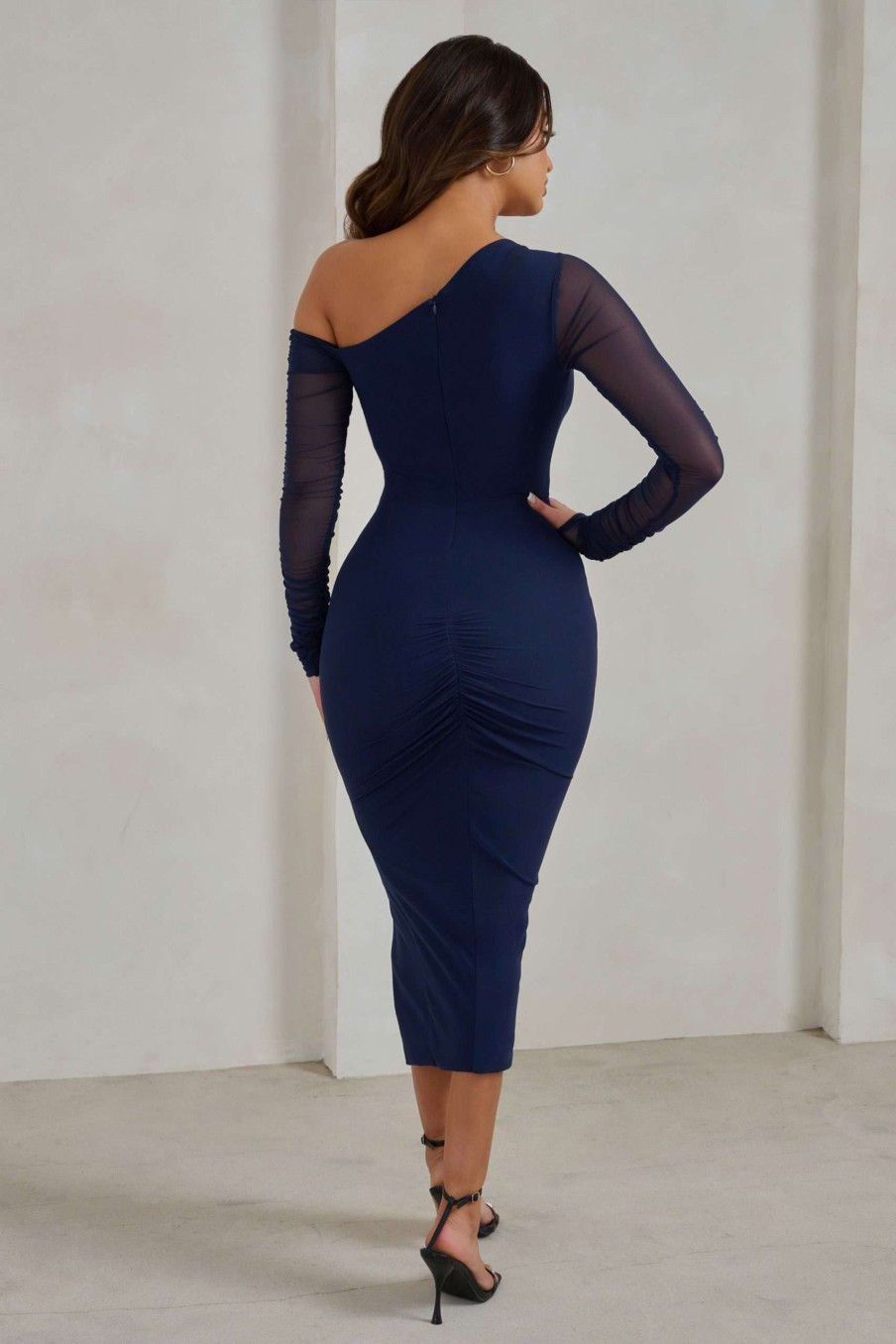 Dresses * | Treasured | Navy Asymmetric Mesh Long Sleeve Ruched Midi Dress Club L London New Threads