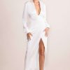 Dresses * | Oasis | Off White Satin Plunge Neck Long Sleeves Maxi Dress Club L London Tendy Style