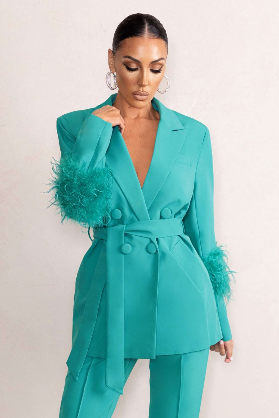 Clothing * | Just Like That | Turquoise Belted Blazer With Feather Detail Club L London Hot Selling