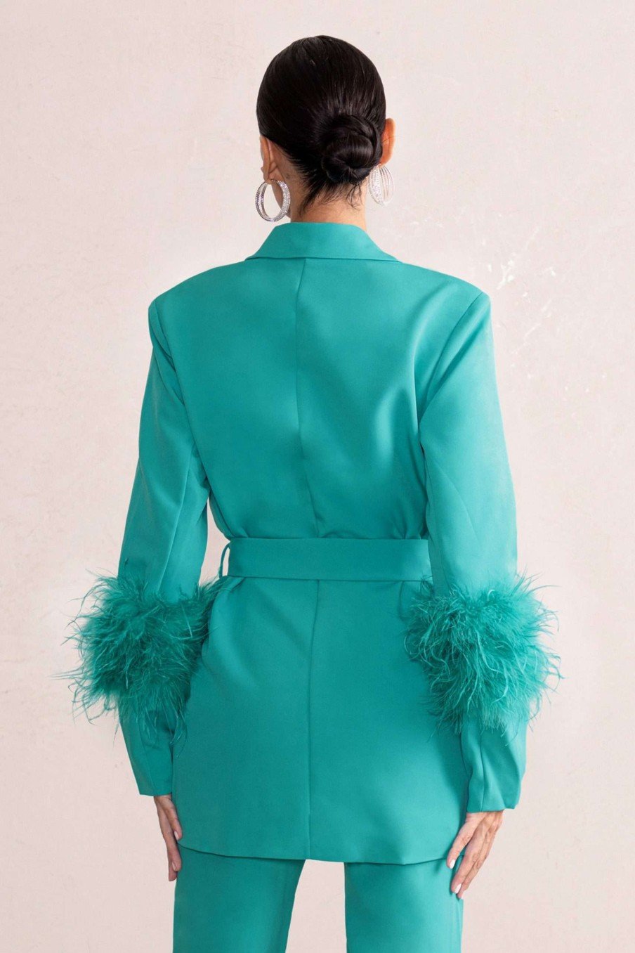 Clothing * | Just Like That | Turquoise Belted Blazer With Feather Detail Club L London Hot Selling