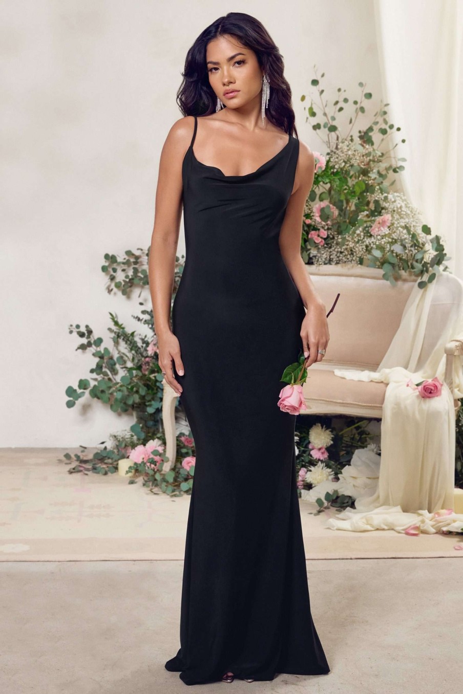 Dresses * | Corinne | Black Asymmetric Cowl Neck Backless Maxi Dress Club L London Large Choice