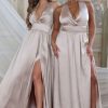 Dresses * | Darling | Champagne Satin Halter Neck Bow Back Thigh Split Maxi Dress Club L London Limited Edition