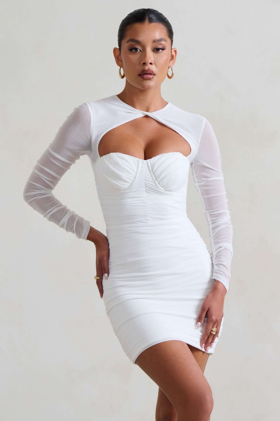 Dresses * | Daiquiri | White Ruched Cut Out Mesh Mini Dress With Long Sleeves Club L London Online