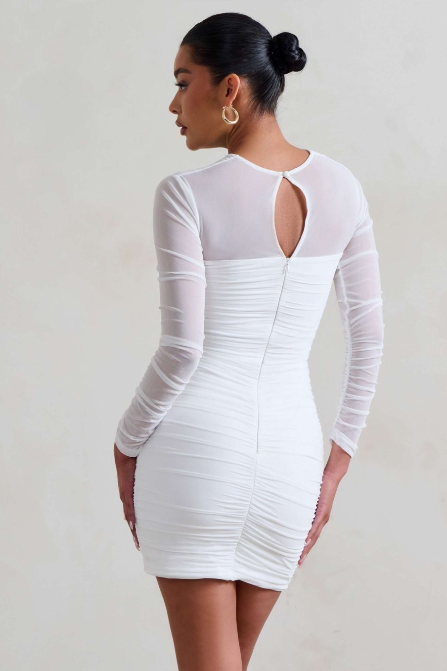 Dresses * | Daiquiri | White Ruched Cut Out Mesh Mini Dress With Long Sleeves Club L London Online