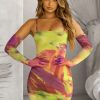 Clothing * | Heat Wave | Lime Print Square Neck Bodycon Mini Dress With Split Hem Club L London Large Choice