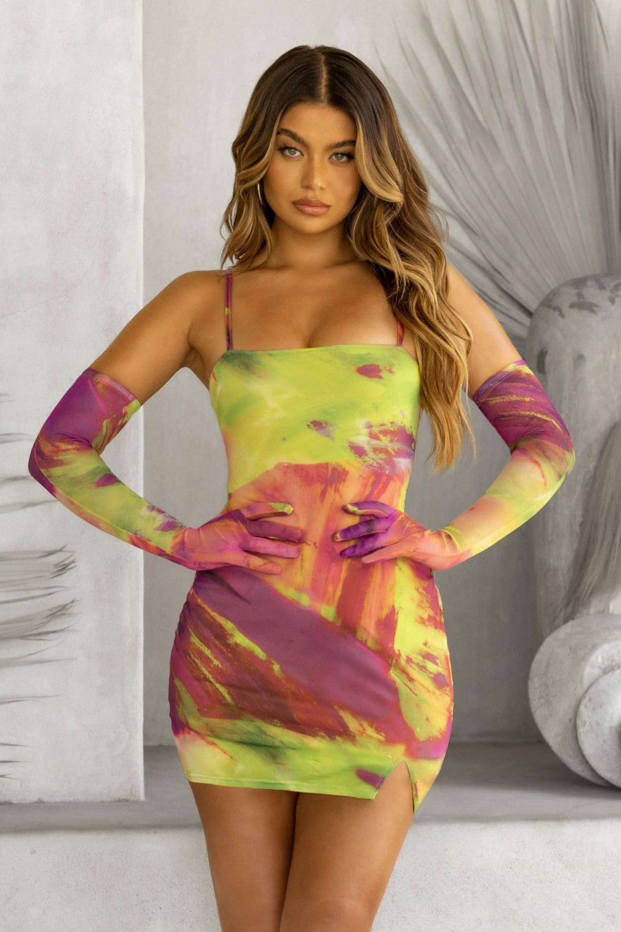 Clothing * | Heat Wave | Lime Print Square Neck Bodycon Mini Dress With Split Hem Club L London Large Choice