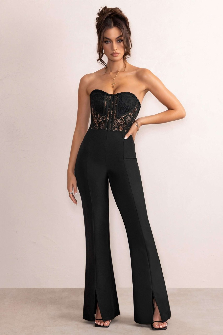 Clothing * | Mimi | Black Strapless Lace Corset Flared Leg Jumpsuit Club L London Latest